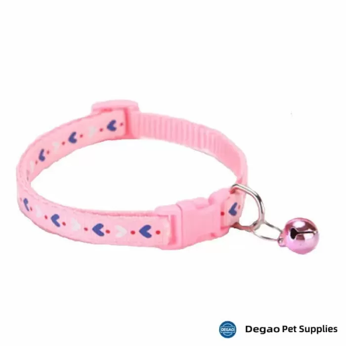 Item No.: DGP2264A6 Item Name: Pink Heart Cat Collar Material: Nylon, PP Safety Buckle Item Size: Collar width: 10mm Neck circumference: 190 - 320mm Remark: 1) Customization accept.