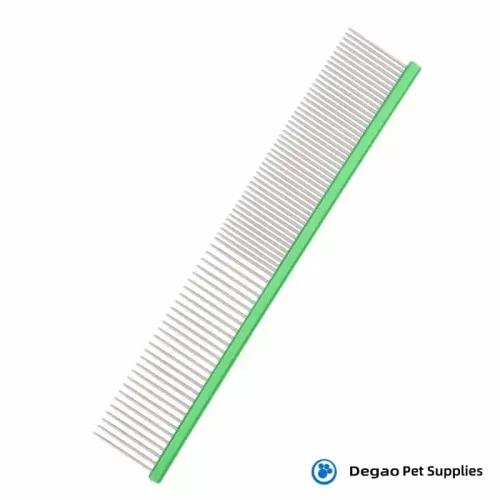 Item No.: DGP229A415 Item Name: Green Pet Grooming Comb Category: Cleaning & Grooming Material: Stainless steel Item Size: Long 190mm Remark: 1) Customization accept.