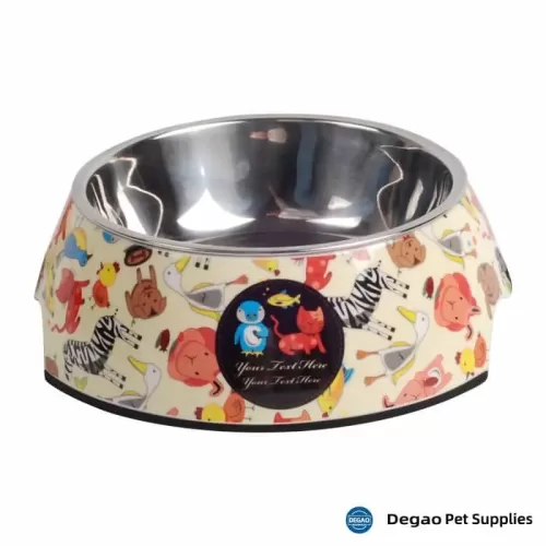 Item No.: DGP226D415 Item Name: Cartoon Dog Bowl Material:  Stainless Steel + Melamine Item Size: M: 140*40mm(Bowl 180g),175*65mm(Base) Remark: 1)Customization accept.