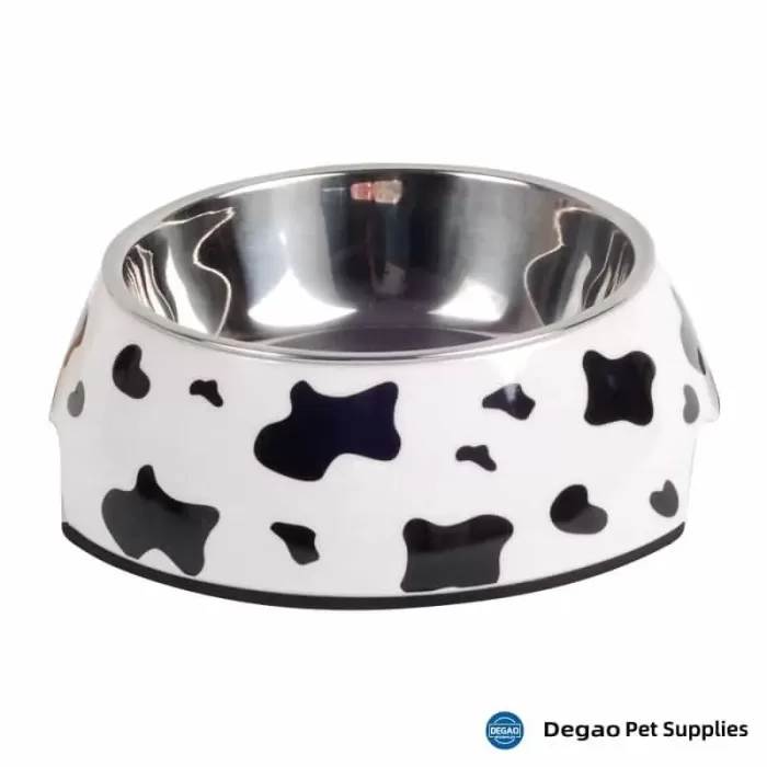 Item No.: DGP226D416 Item Name: Cows Dog Bowl Material:  Stainless Steel + Melamine Item Size: M: 140*40mm(Bowl 180g),175*65mm(Base) Remark: 1)Customization accept.