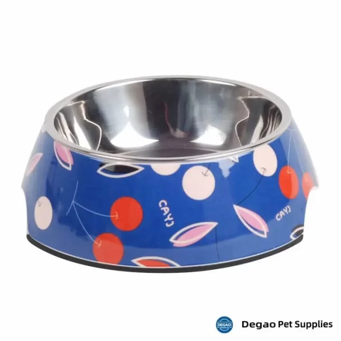 Item No.: DGP226D419 Item Name: Cherry Dog Bowl Material:  Stainless Steel + Melamine Item Size: M: 140*40mm(Bowl 180g),175*65mm(Base) Remark: 1)Customization accept.