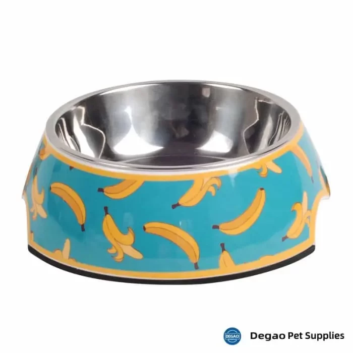 Item No.: DGP226D421 Item Name: Banana Dog Bowl Material:  Stainless Steel + Melamine Item Size: M: 140*40mm(Bowl 180g),175*65mm(Base) Remark: 1)Customization accept.