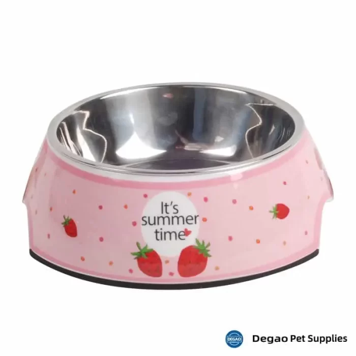 Item No.: DGP226D423 Item Name: Summer Dog Bowl Material:  Stainless Steel + Melamine Item Size: M: 140*40mm(Bowl 180g),175*65mm(Base) Remark: 1)Customization accept.